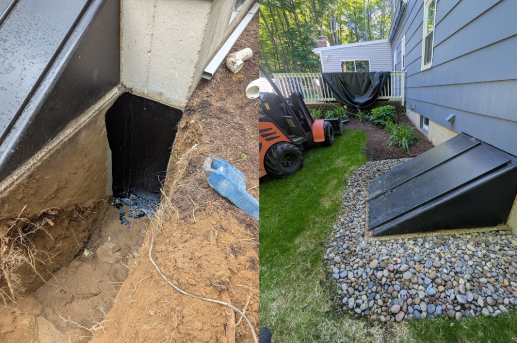 Before and after yard extension project showing slope stabilization and land reclamation.
