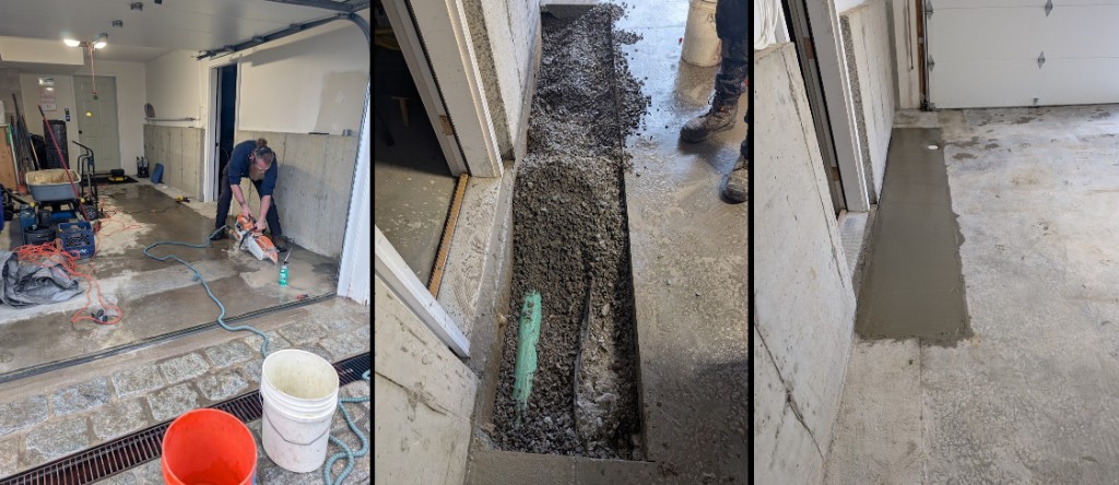 Interior drainage trench, pipe placement, and concrete restoration in basement